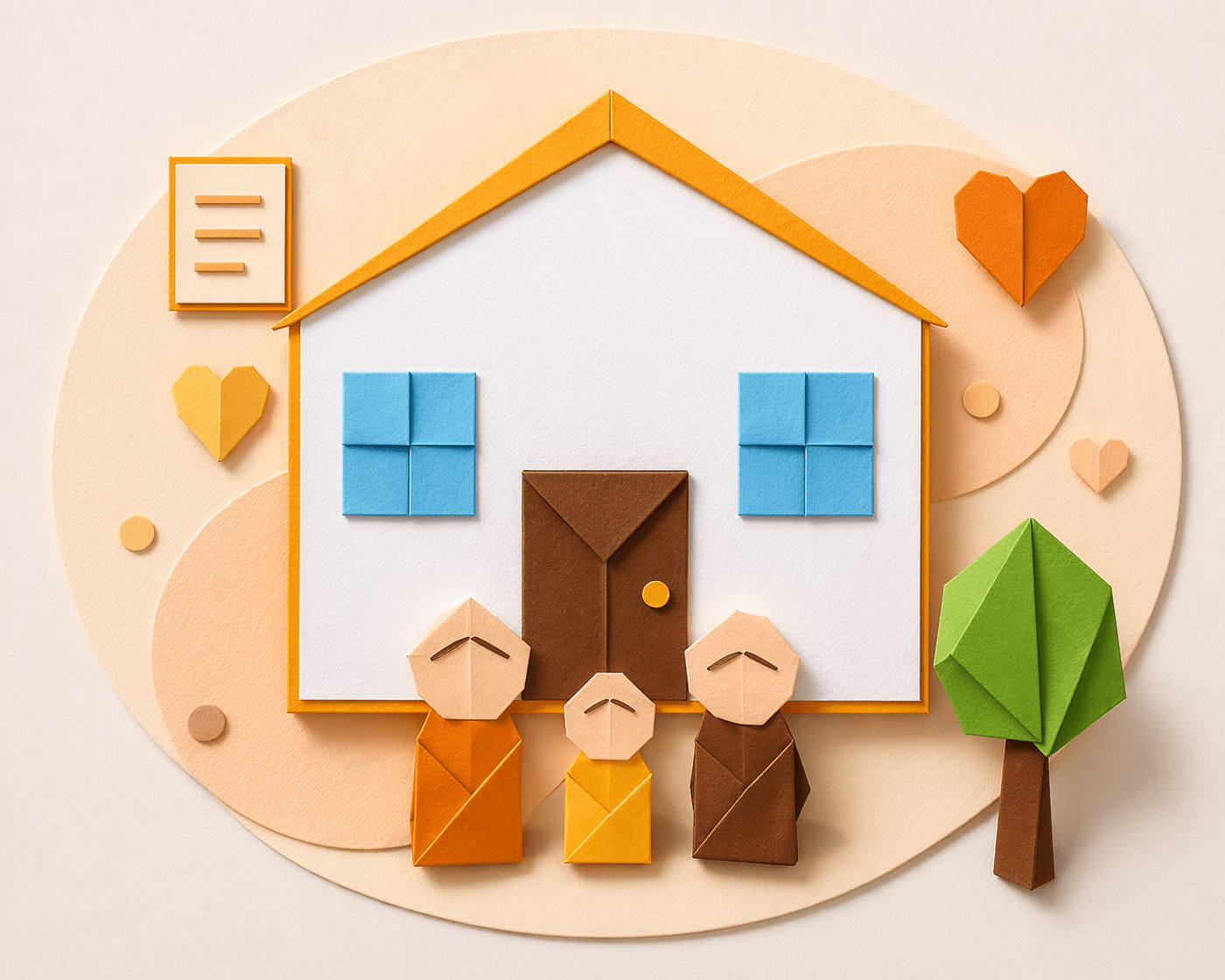 Colourful origami papercraft illustration of a family standing in front of their home