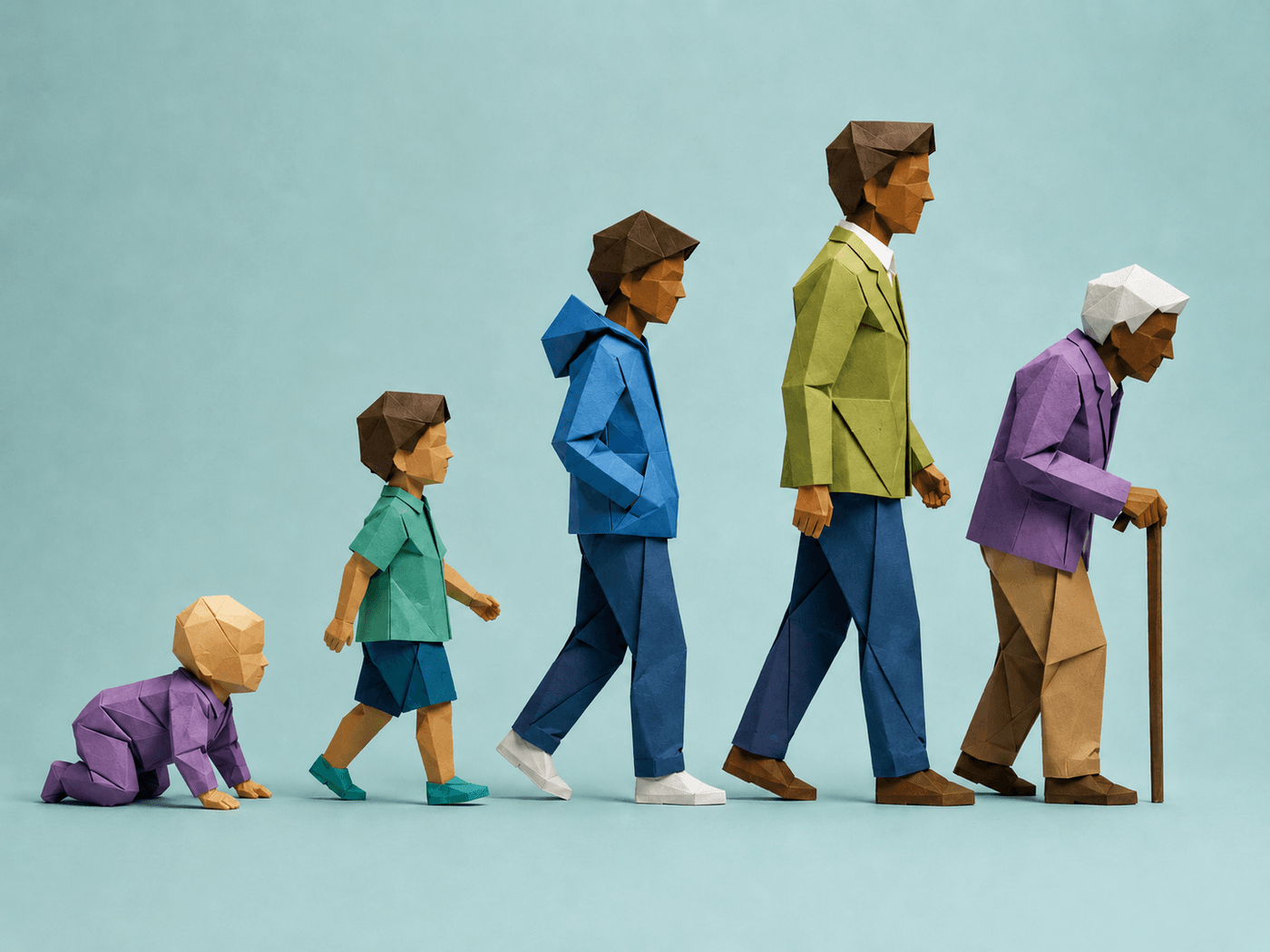 Origami papercraft figures showing one person at five life stages from baby to elderly, representing a will that updates as life changes