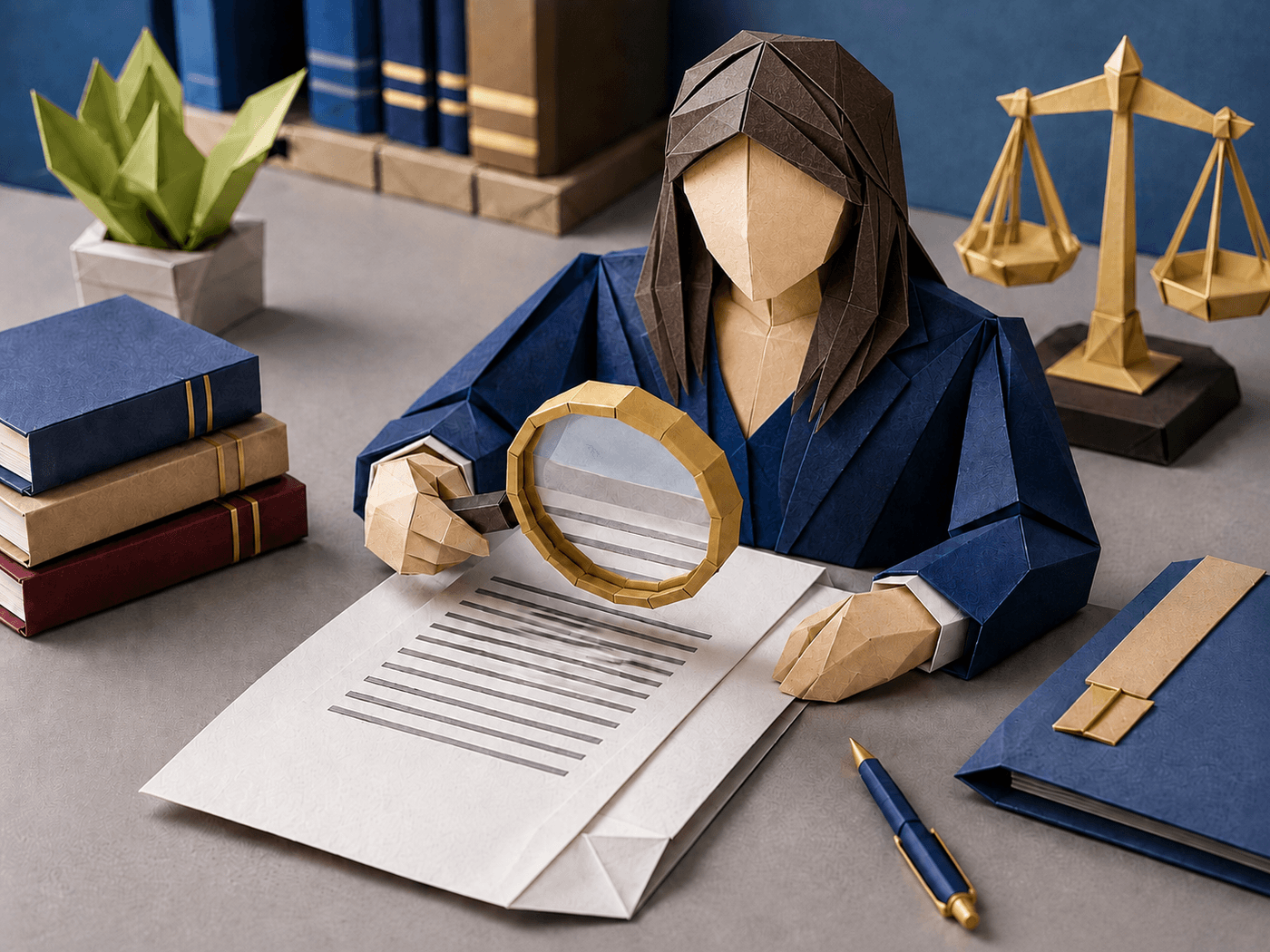Origami papercraft solicitor in a blue suit examining a will with a magnifying glass, beside law books and scales of justice